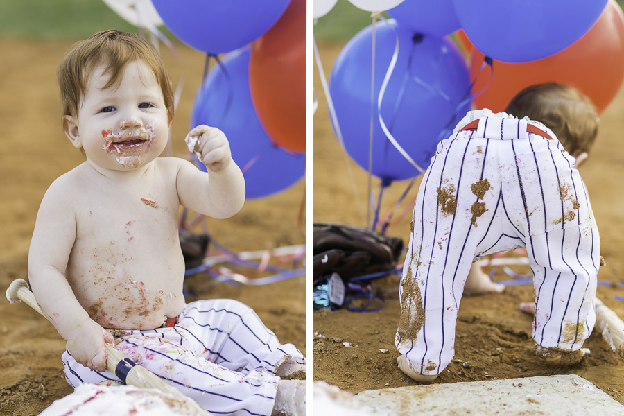 one year old cake smash session baseball themed