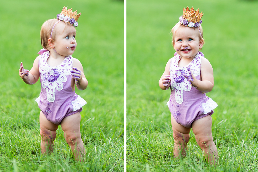 adorable one year old in purple romper