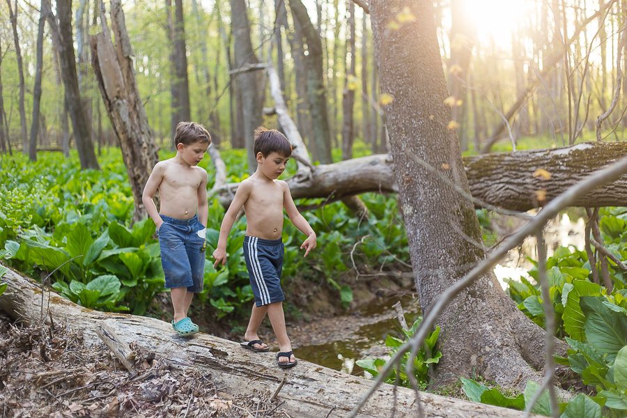 two boys walking across fallen tree