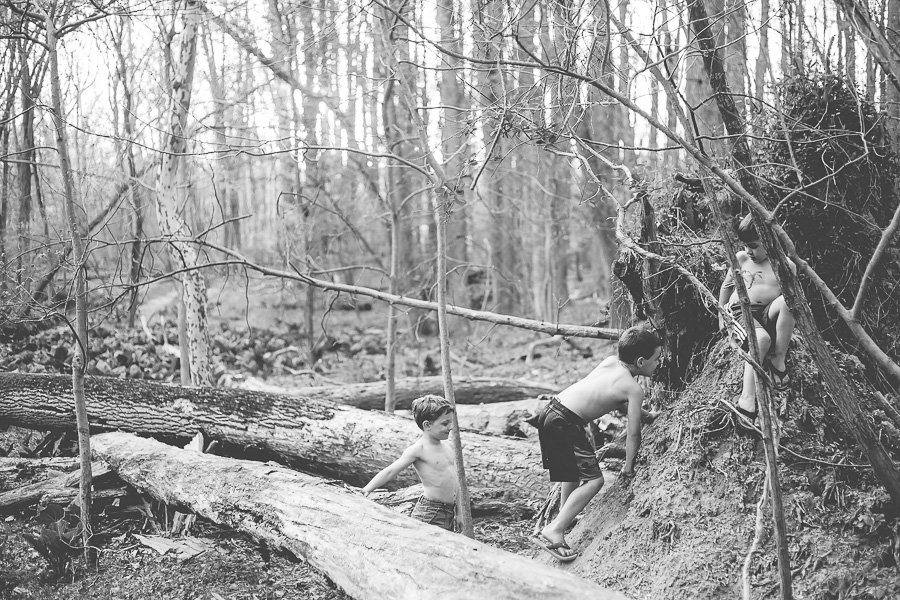 boys climbing uprooted tree