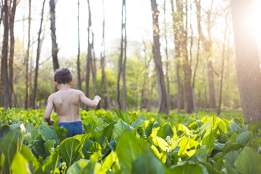 boy walking through tall green plants in woods