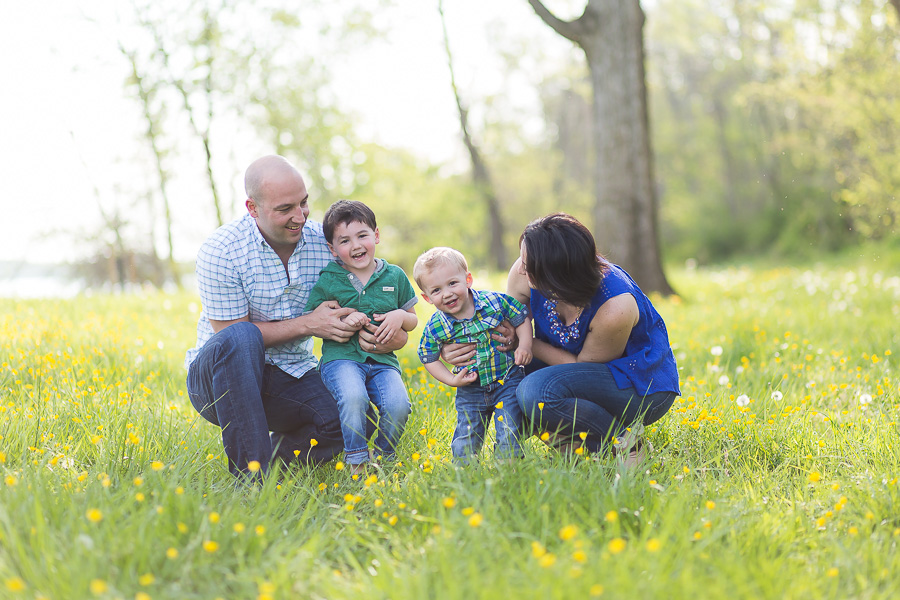 family of four laughing near yellow flowers