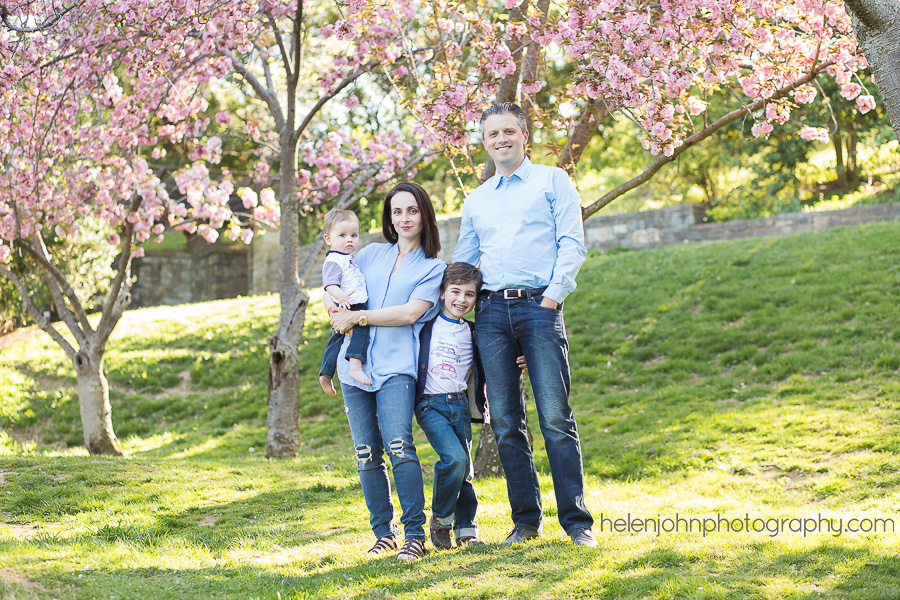 Family of four standing in front of cherry blossoms