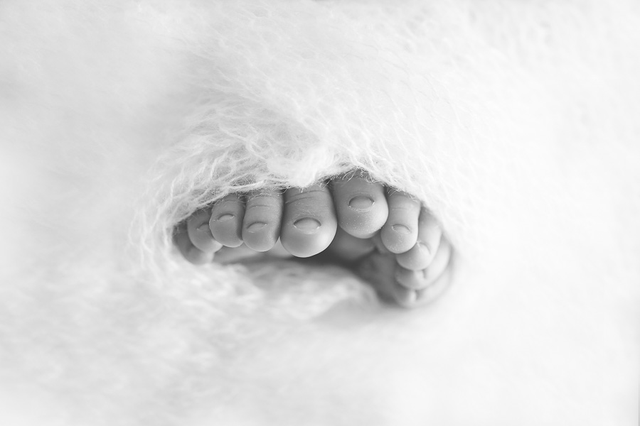 B&W close up of newborn baby toes