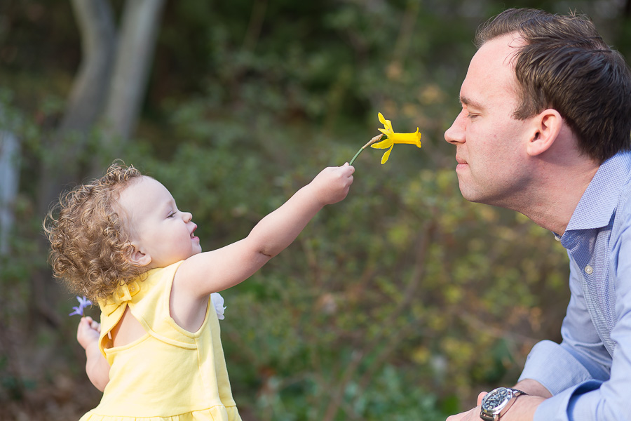 little girl putting flower up to dads nose to smell